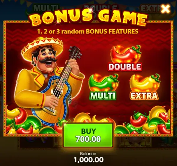 3 Hot Chillies Bonus Buy screen with Buy price and bonus features